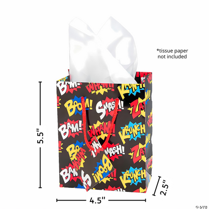 mini superhero slogans birthday party favor treat bags, krunch, bam, boom, zap size and dimensions