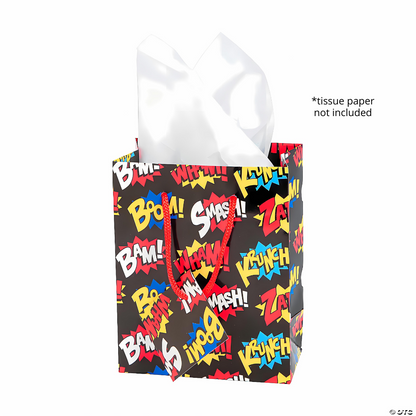 mini superhero slogans birthday party favor treat bags, krunch, bam, boom, zap