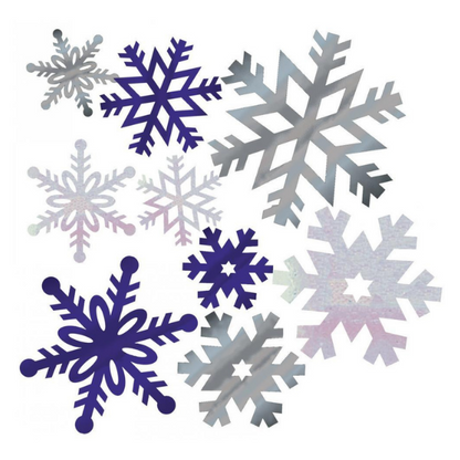 oversize, blue and silver cardboard snowflake cutouts for snow princess birthday party