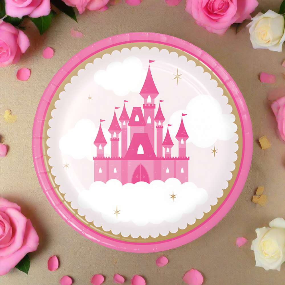pink and gold castle princess dessert plate, 7 inch size is perfect for your princess themed party desserts