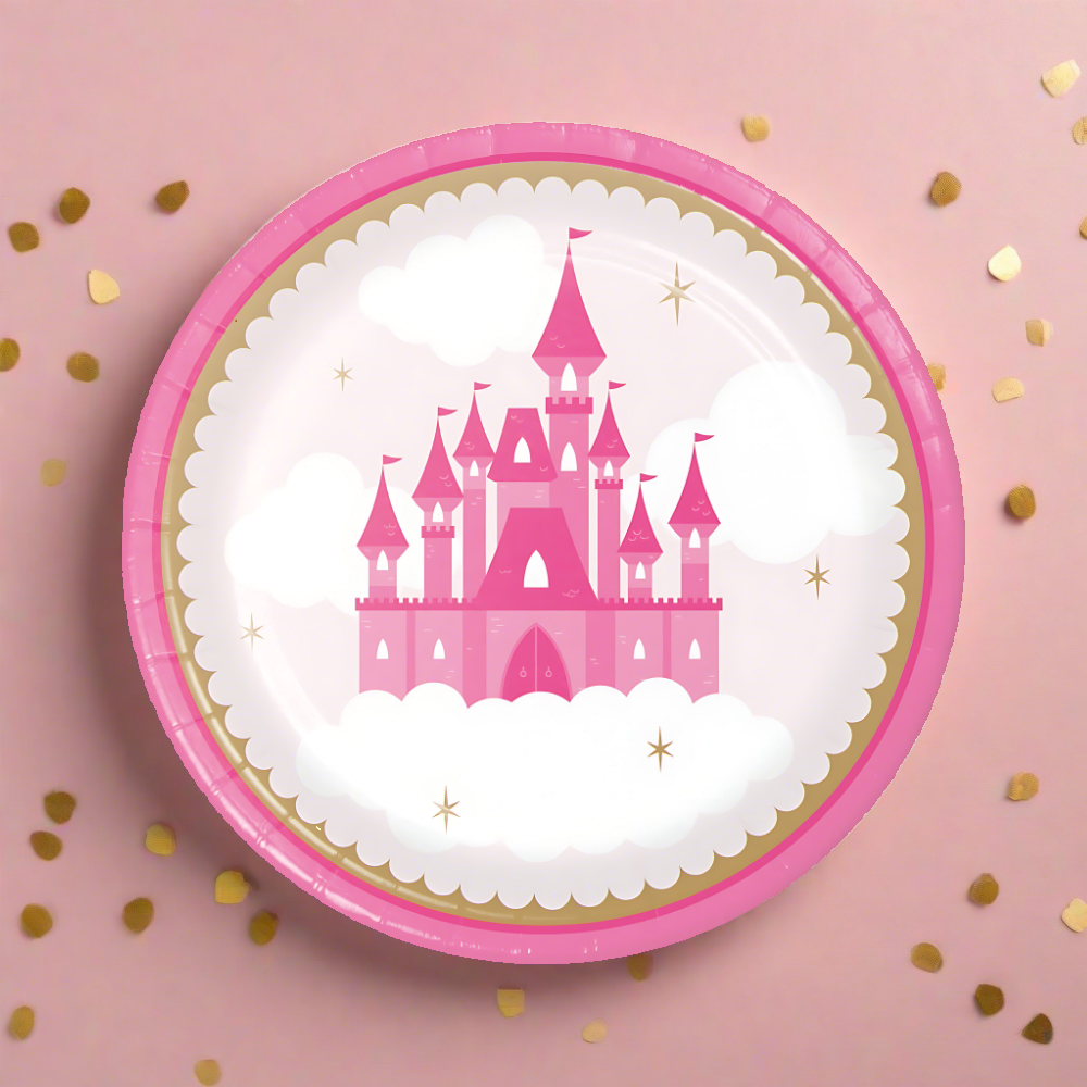 pink and gold princess castle princess party theme 7 inch dessert plates with gold confetti
