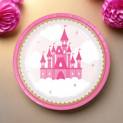 pink and gold princess castle 9 inch paper dinner plate for princess party or princess baby shower
