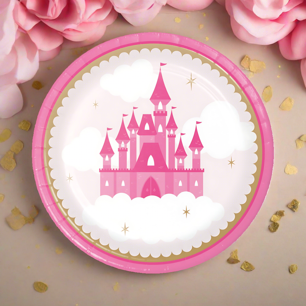 pink and gold princess castle 9 inch paper dinner plate for princess party or princess baby shower with flowers and gold confetti