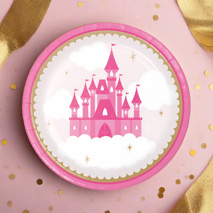 pink and gold princess castle 9 inch paper dinner plate for princess party or princess baby shower