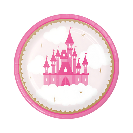 pink and gold princess castle 9 inch dinner plates for princess party or baby shower