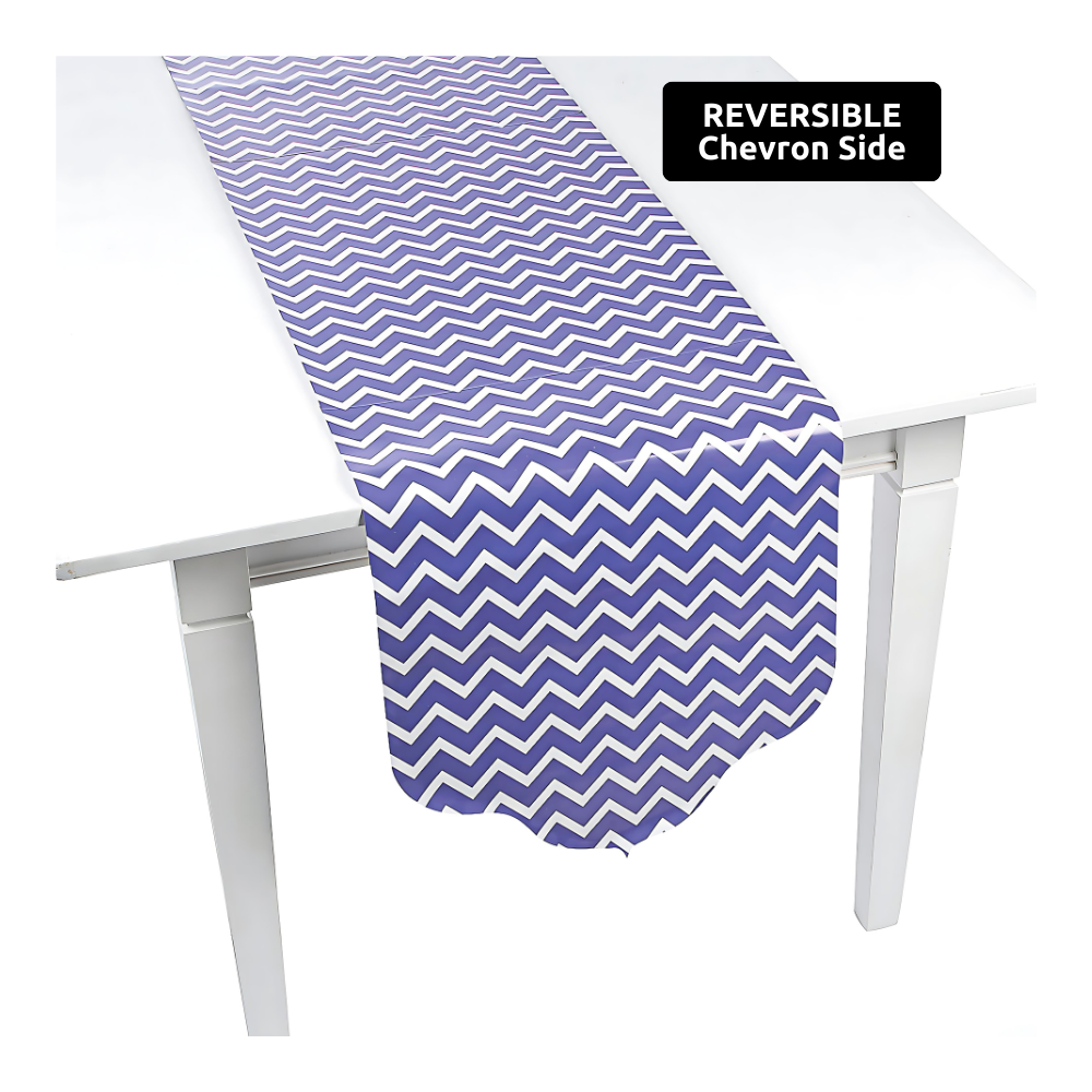 purple and white reversible paper tablerunner in chevron and polka dot patterns