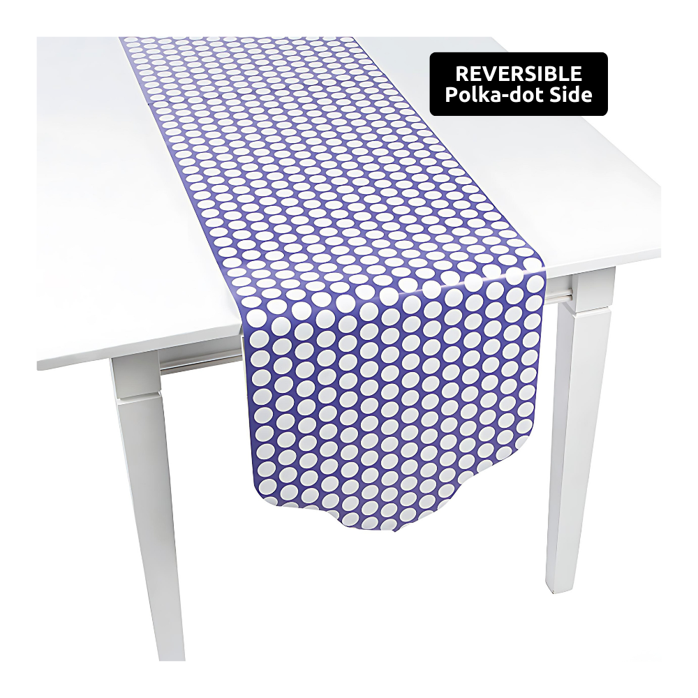 purple and white reversible paper tablerunner in chevron and polka dot patterns