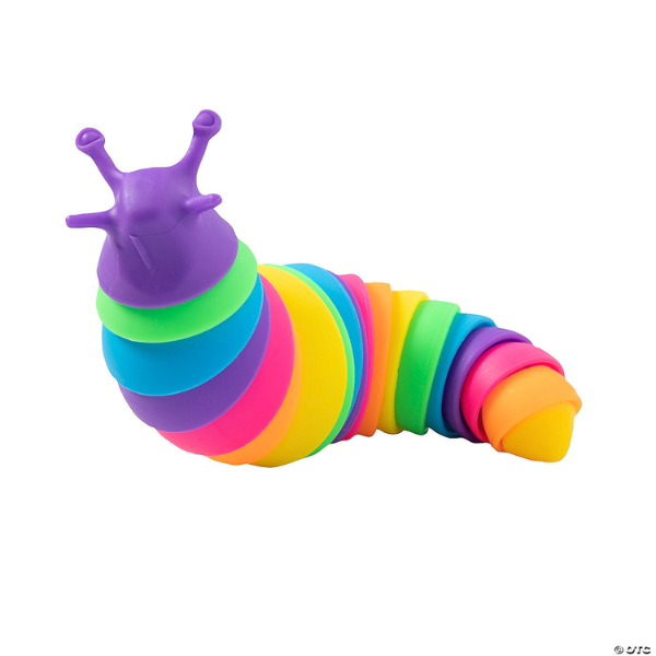 rainbow fidget slug sensory toy with purple head