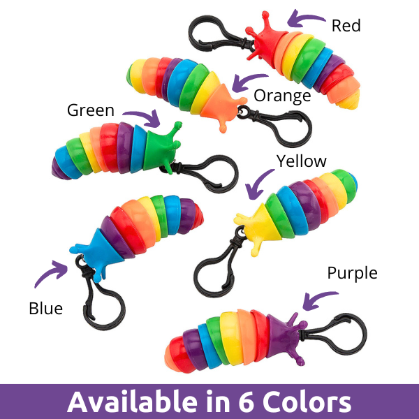 rainbow fidget slug sensory toy backpack clip color choices, including red, green, orange, yellow, purple, blue