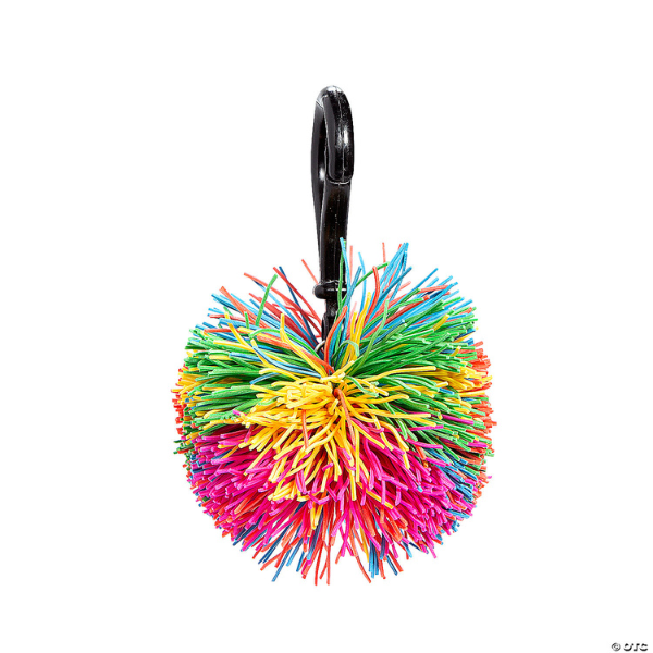 rainbow, stringy rubber ball backpack clip