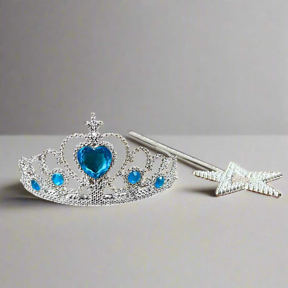 silver plastic princess tiara with blue jewels and silver wand for princess party