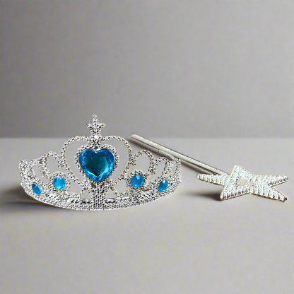 silver plastic princess tiara with blue jewels and silver wand for princess party