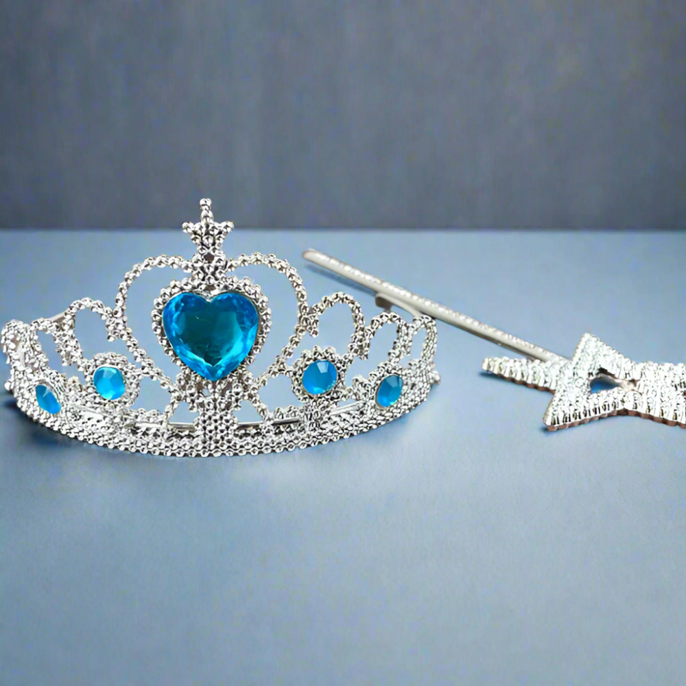 silver plastic princess tiara with blue jewels and silver wand for princess party