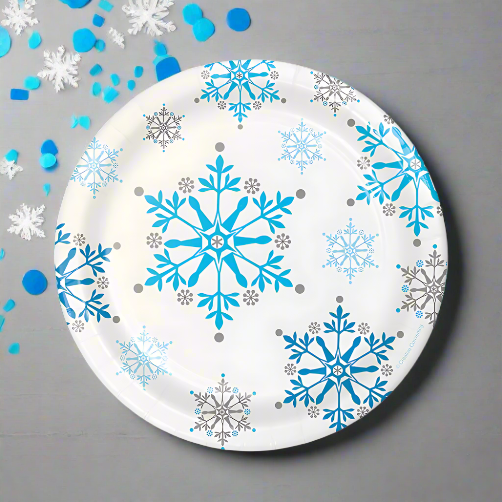 snowflake disposable dessert plates for winter parties, baby showers, snow princess themes, and holiday events