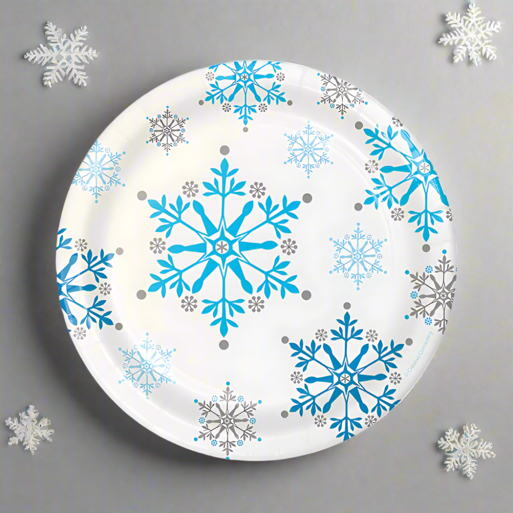 snowflake disposable dessert plates for winter parties, baby showers, snow princess themes, and holiday events