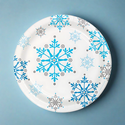 snowflake disposable dessert plates for winter parties, baby showers, snow princess themes, and holiday events