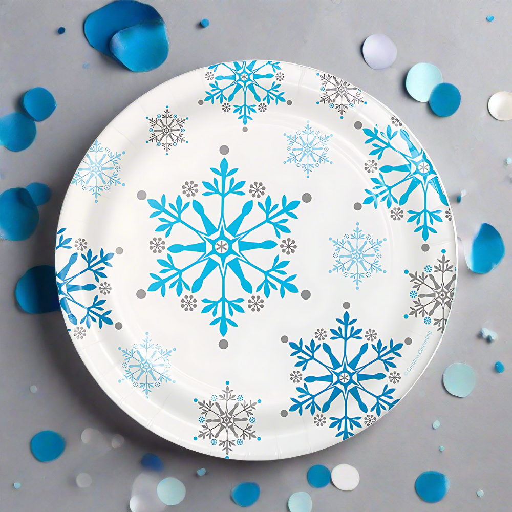 snowflake disposable dessert plates for winter parties, baby showers, snow princess themes, and holiday events