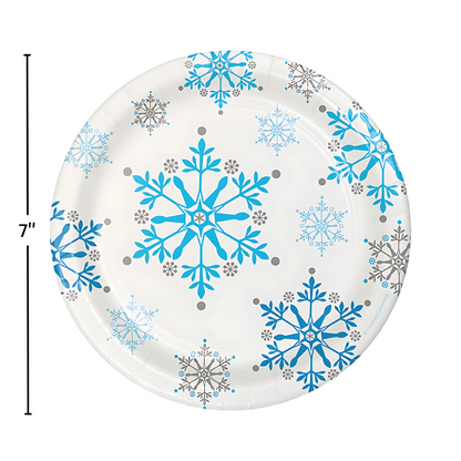 snowflake disposable dessert plates  size 7" for winter parties, baby showers, snow princess themes, and holiday events