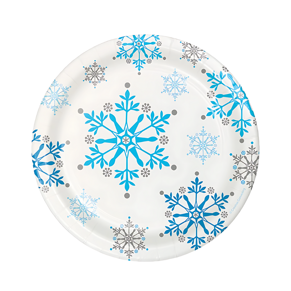 snowflake disposable dessert plates for winter parties, baby showers, snow princess themes, and holiday events