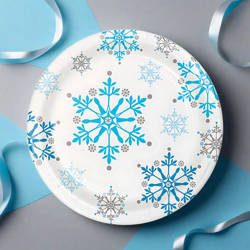 snowflake disposable dessert plates for winter parties, baby showers, snow princess themes, and holiday events