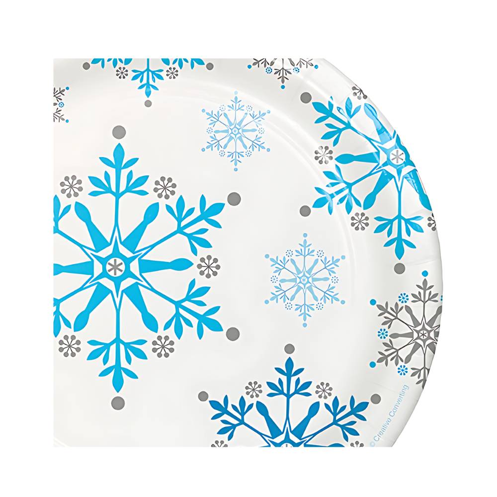 snowflake disposable dessert plates  close-up for winter parties, baby showers, snow princess themes, and holiday events