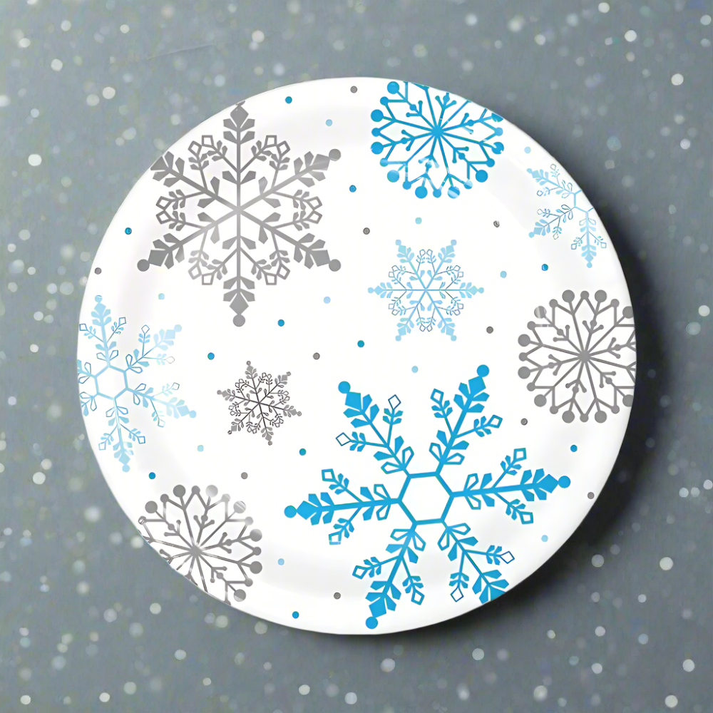 snowflake disposable dinner plates for winter parties, baby showers, snow princess themes, and holiday events with winter background