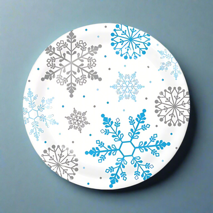 snowflake disposable dinner plates for winter parties, baby showers, snow princess themes, and holiday events with blue background