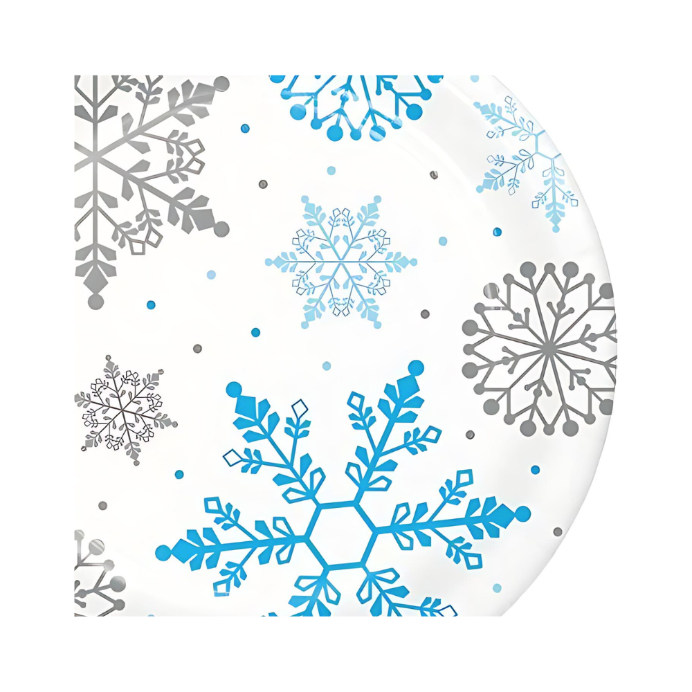 snowflake disposable dinner plates for winter parties, baby showers, snow princess themes, and holiday events with white background close-up of design