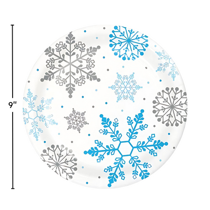 snowflake disposable dinner plates for winter parties, baby showers, snow princess themes, and holiday events with white background and 9 inch size