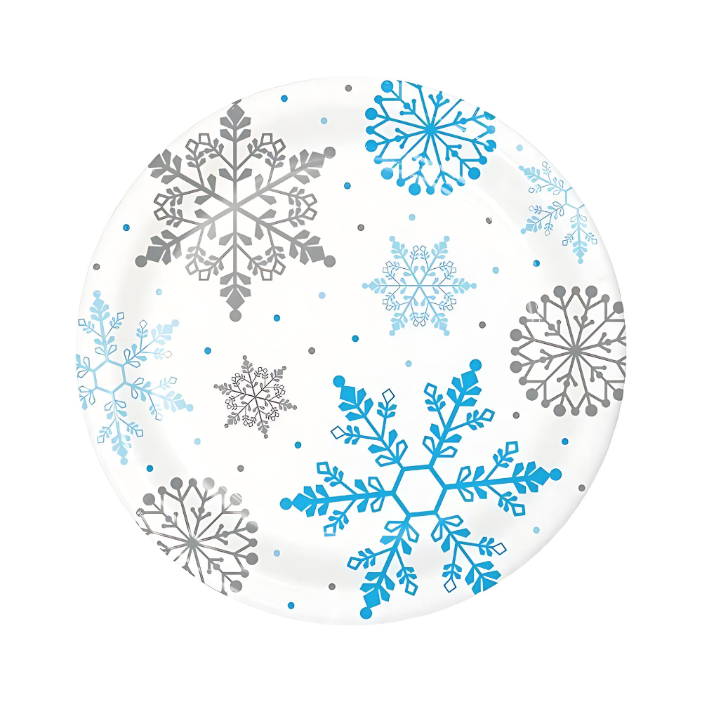 snowflake disposable dinner plates for winter parties, baby showers, snow princess themes, and holiday events with white background