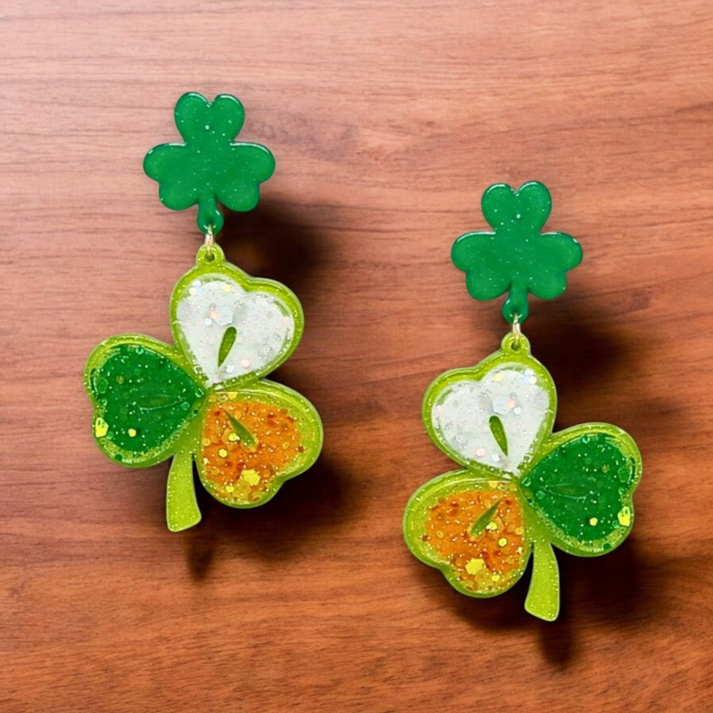 Close-up of Irish Flag Clover Acrylic Earrings – Lightweight & Festive