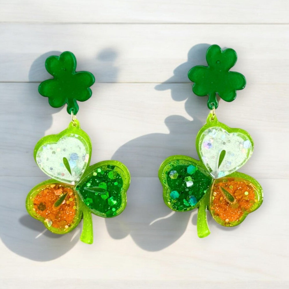 t. Patrick’s Day Acrylic Clover Earrings with Green, White & Orange