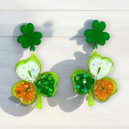 t. Patrick’s Day Acrylic Clover Earrings with Green, White & Orange