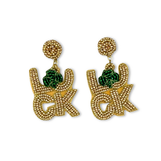 pair of gold, seed bead LUCK St. Patrick's Day dangle earrings with green clover