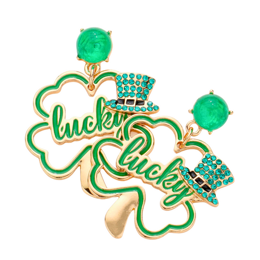 St. Patty's Day Lucky Clover Dangle Earrings: Gold metal with green jeweled leprechaun hat, festive charm!