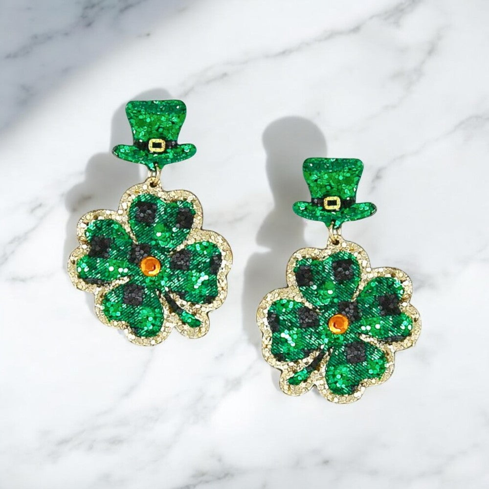 Shiny glittery St. Patrick's Day earrings with clover design