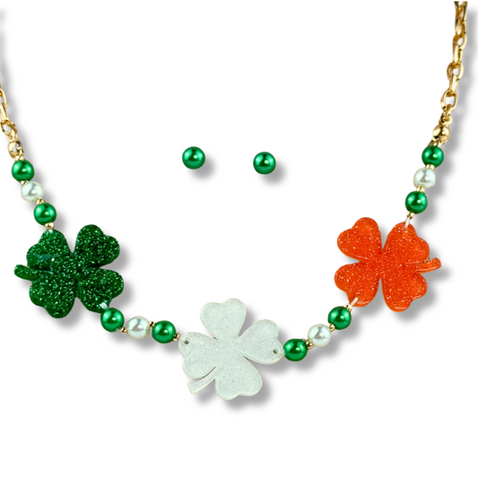 St. Patrick's Day necklace with 3 large clovers in the colors of the Irish Flag
