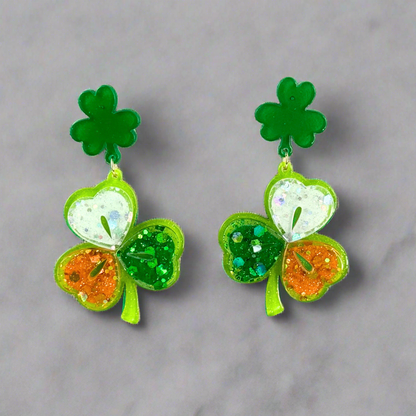 St. Patrick's Day Plaid Clover Glitter Dangling Earrings