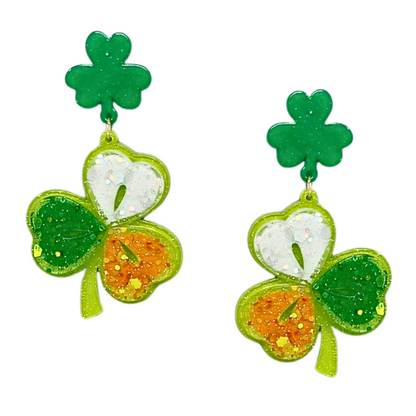Irish flag colors Clover Acrylic earrings for St. Patrick's Day spirit. Festive, lightweight, lucky charm!