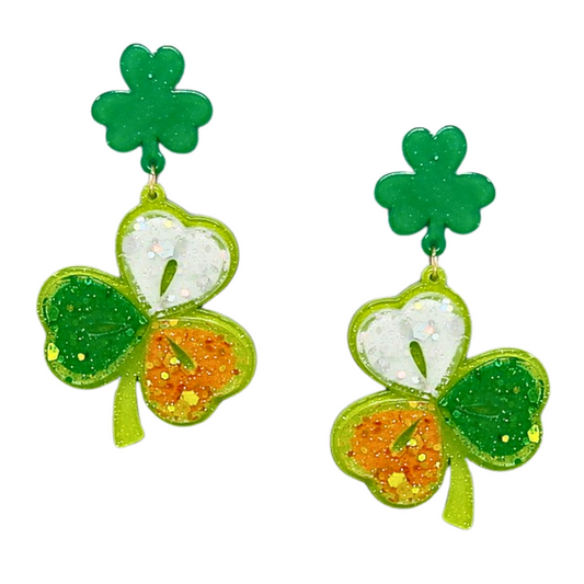 Irish flag colors Clover Acrylic earrings for St. Patrick's Day spirit. Festive, lightweight, lucky charm!