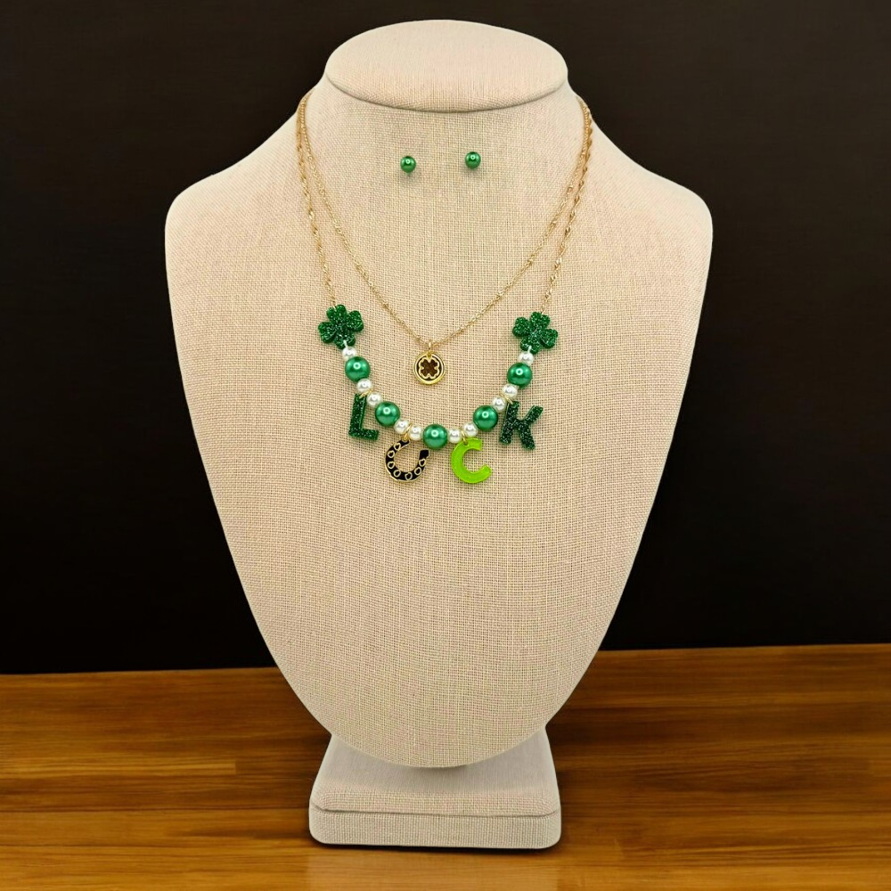 St. Patrick's Day Layered Necklace Set with Pearls & Resin 'Luck' Letters