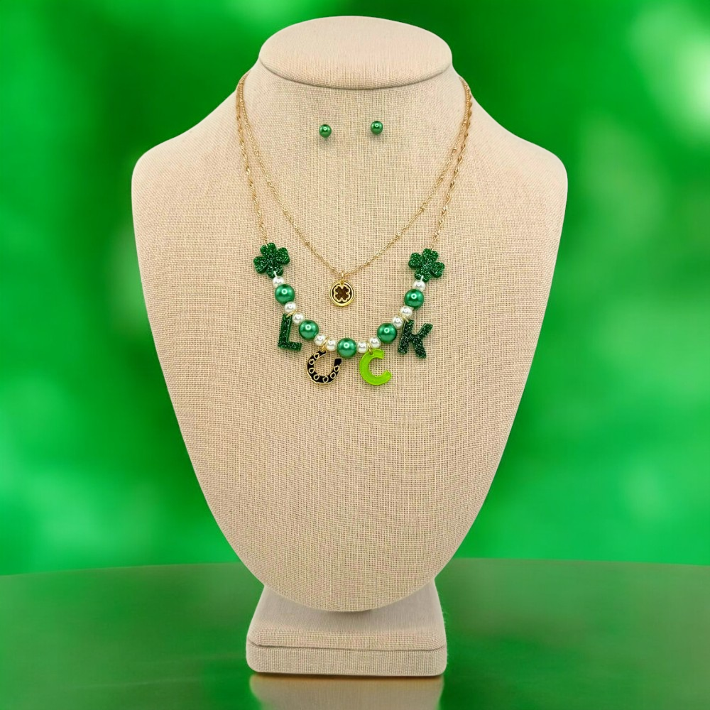 St. Patrick's Day Layered Necklace Set with Pearls & Resin 'Luck' Letters