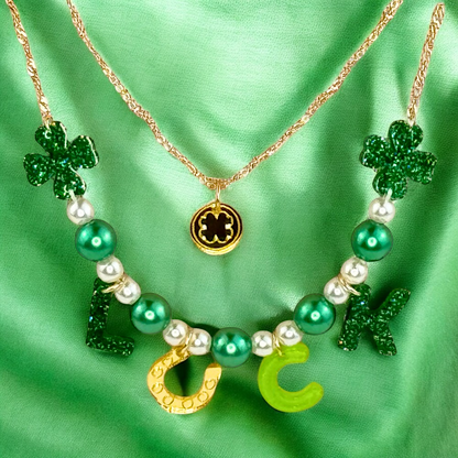 St. Patrick's Day Layered Necklace Set with Pearls & Resin 'Luck' Letters