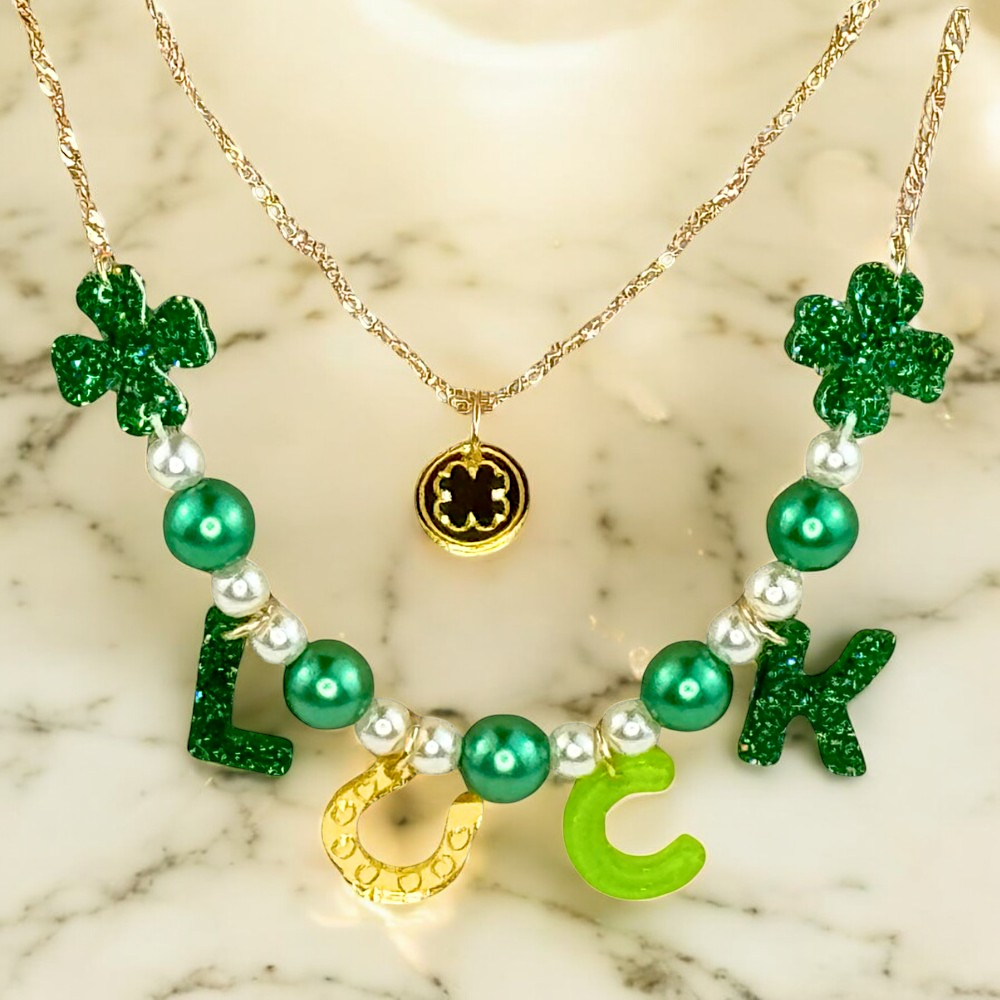 St. Patrick's Day Layered Necklace Set with Pearls & Resin 'Luck' Letters