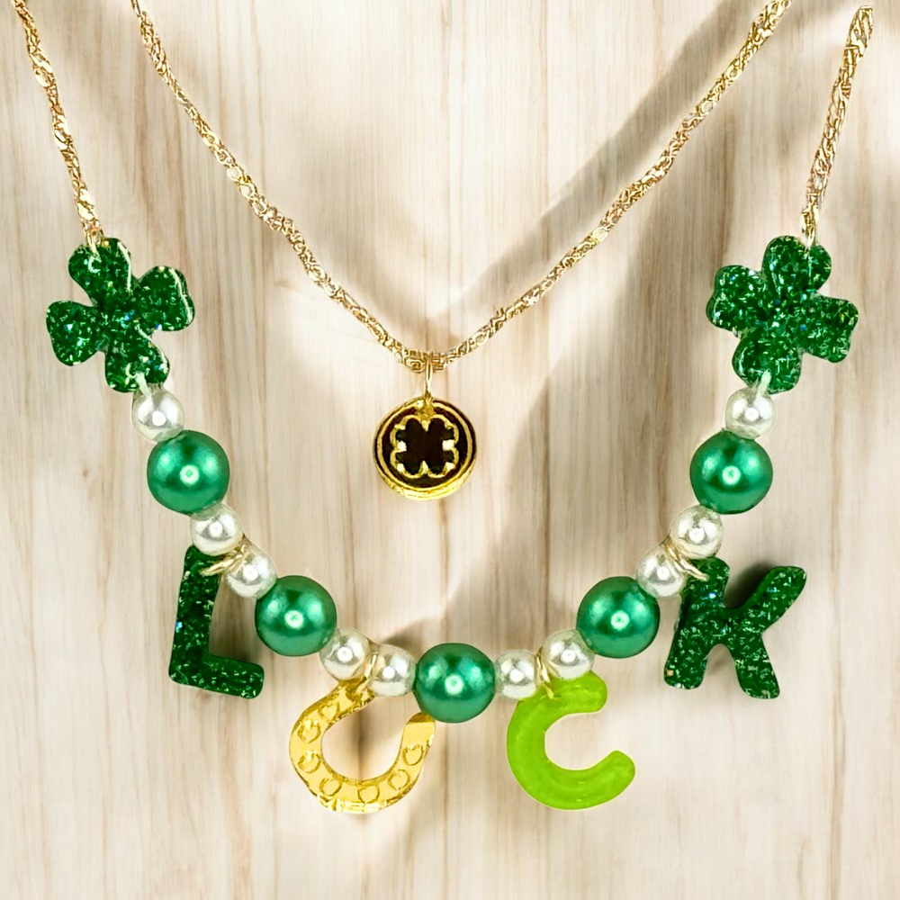 St. Patrick's Day Layered Necklace Set with Pearls & Resin 'Luck' Letters