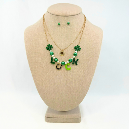 St. Patrick's Day layered LUCk necklace with green pearl earrings