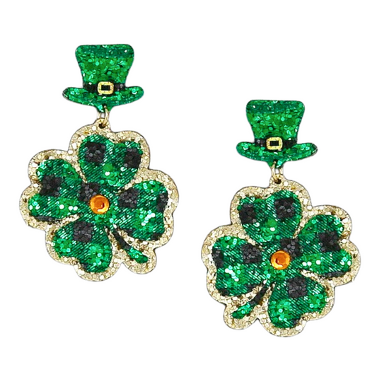 Sparkling Clover Glitter Dangling Earrings: St. Patty's Day magic with plaid clovers & leprechaun hats!