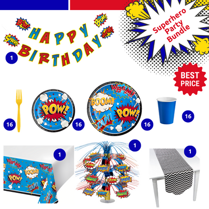 superhero slogan party bundle with centerpiece, happy birthday banner, tablerunner, tablecover, plates, cup and yellow fork with quantities