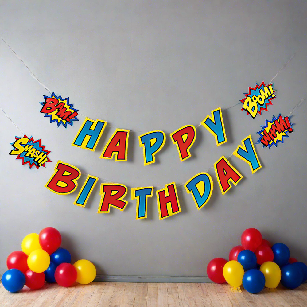 Large superhero happy birthday banner with bam, boom, smash, wham for superhero birthday party hanging on wall with balloons on floor