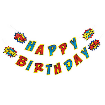 large, superhero slogan happy birthday banner sign in yellow, blue and red with bam, smash, boom and wham words